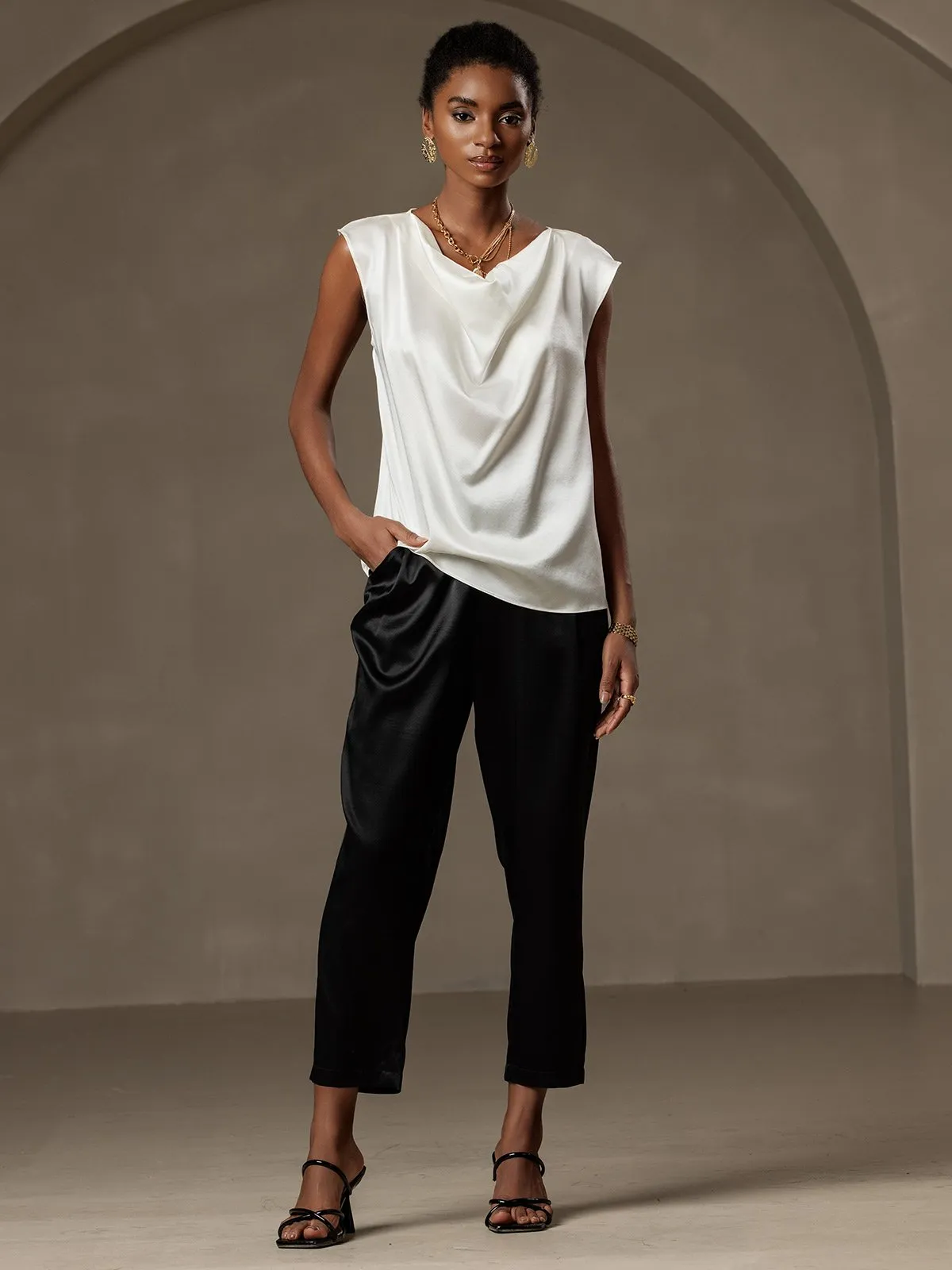 19Momme Silk Cowl Neck Sleeveless Top