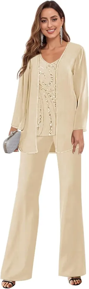 3 Pieces Mother of The Bride Pantsuits with Jacket Long Sleeves Formal Evening Pants Outfit