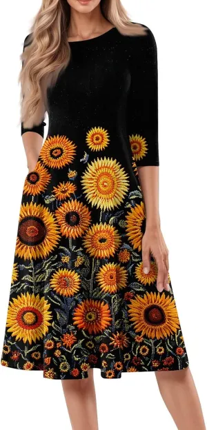 3/4 Sleeve Midi Dress for Women Spring Fashion Outdoor Floral Crewneck Dresses 2025 Casual