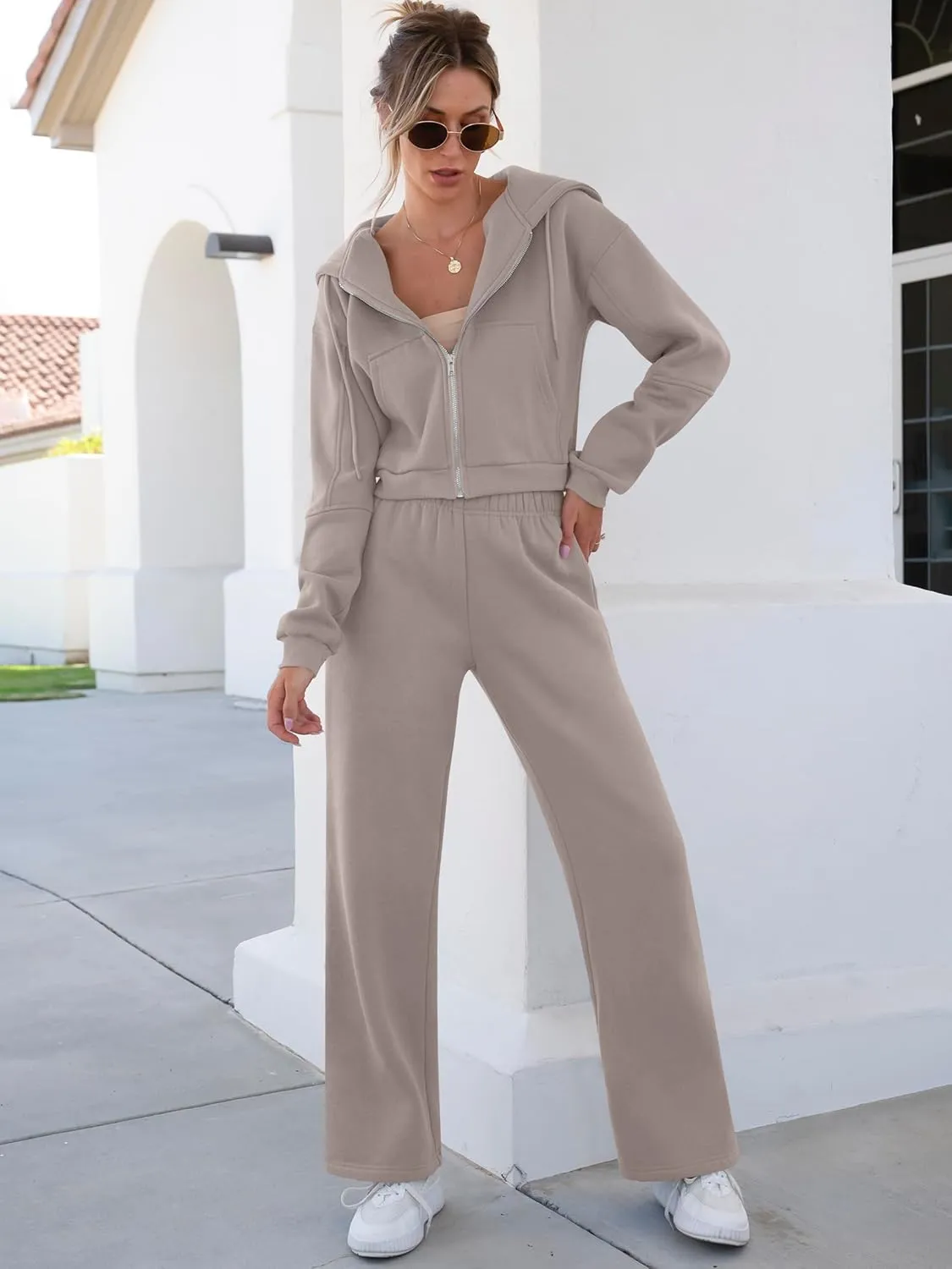 ANRABESS Women 2 Piece Outfits Sweatsuit Zip Up Crop Hoodies SweatPants Lounge Matching Sweat Set 2024 Winter Trendy Clothes