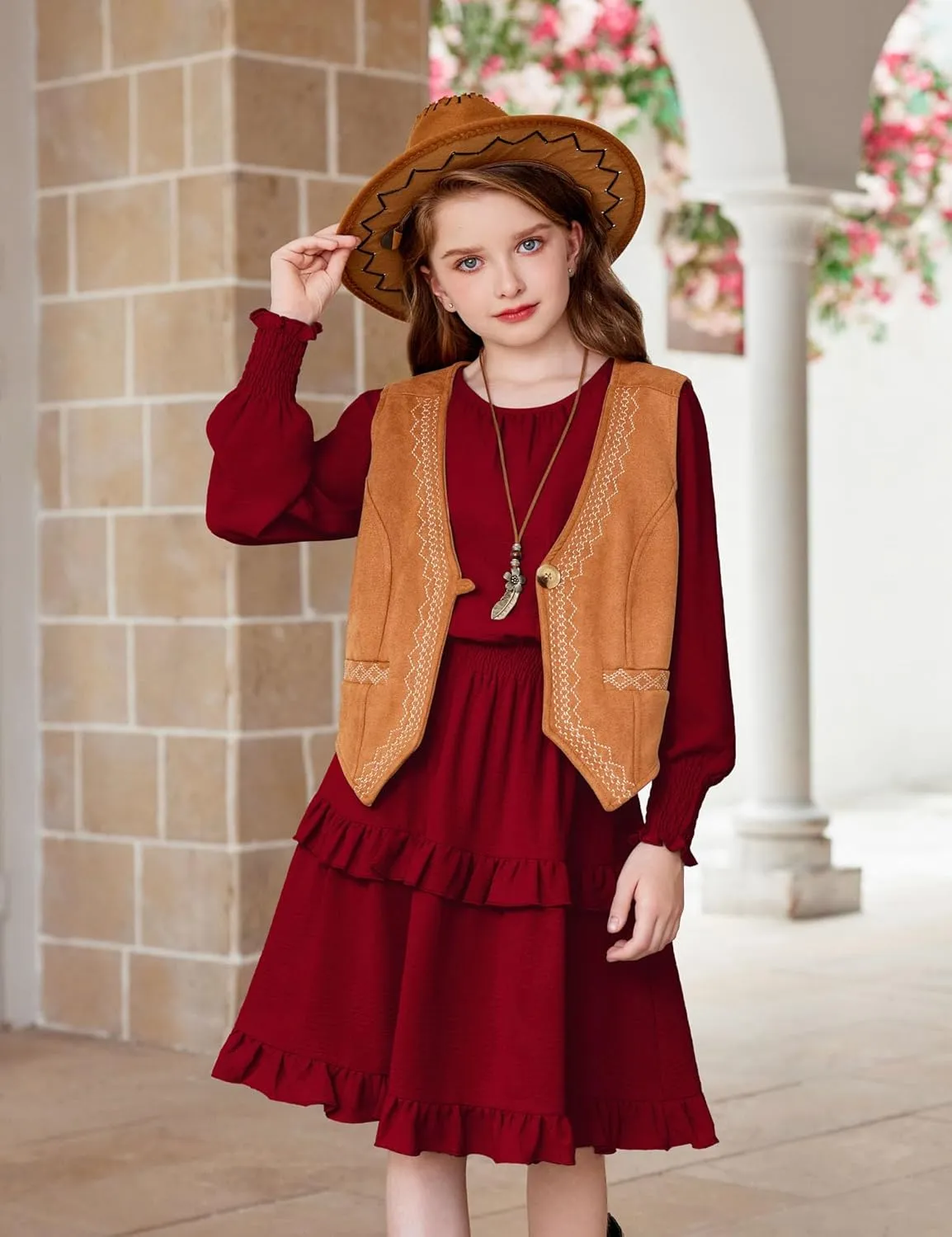 Arshiner Girls Long Sleeve Dress Boho Tiered Ruffle Hem Smocked Waist Midi Dress
