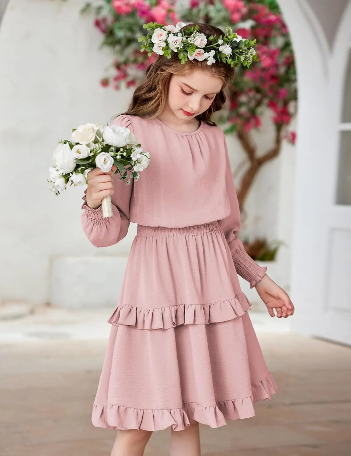 Arshiner Girls Long Sleeve Dress Boho Tiered Ruffle Hem Smocked Waist Midi Dress