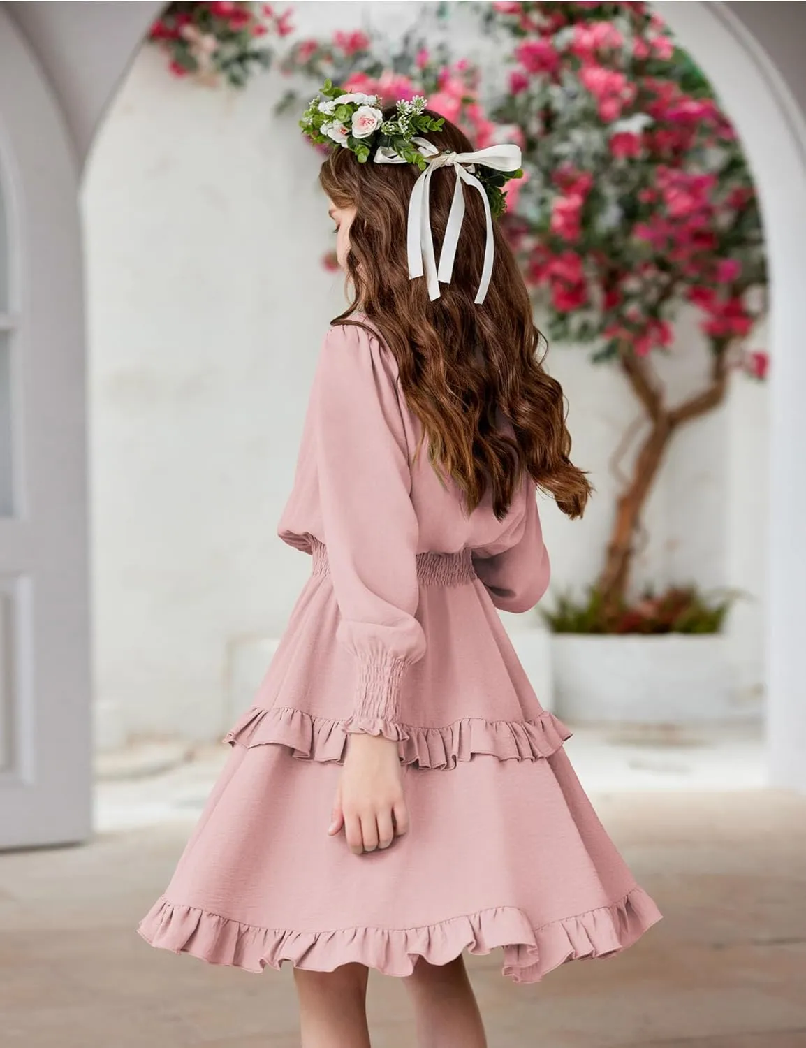 Arshiner Girls Long Sleeve Dress Boho Tiered Ruffle Hem Smocked Waist Midi Dress