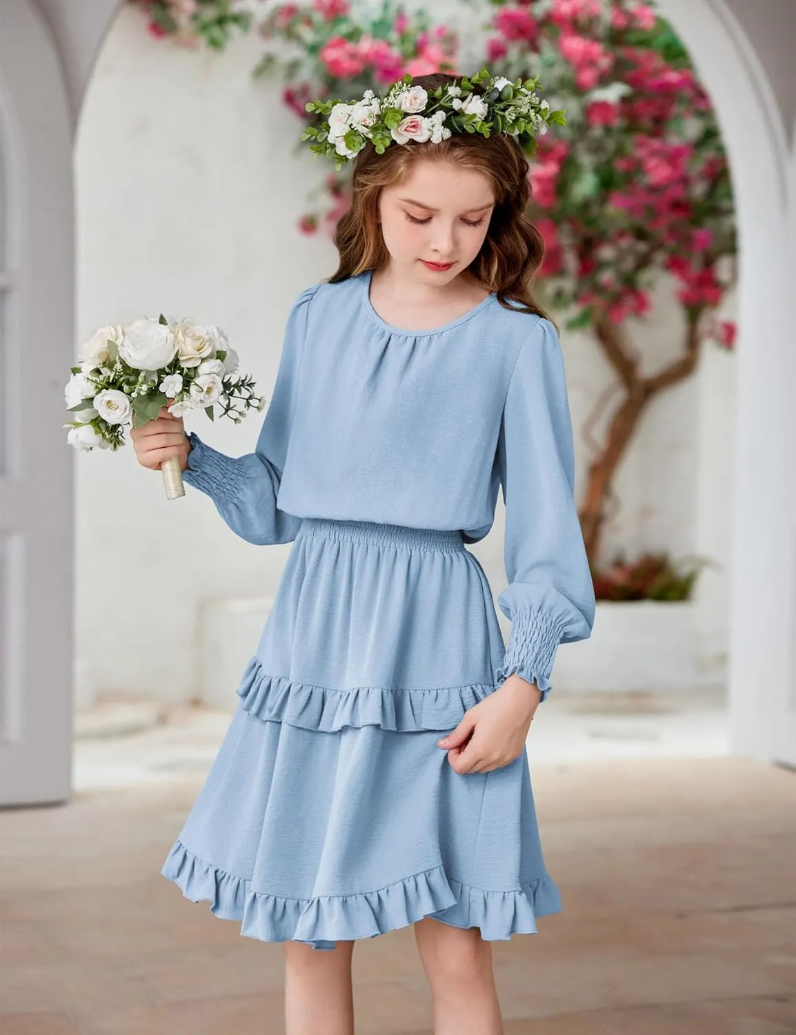 Arshiner Girls Long Sleeve Dress Boho Tiered Ruffle Hem Smocked Waist Midi Dress