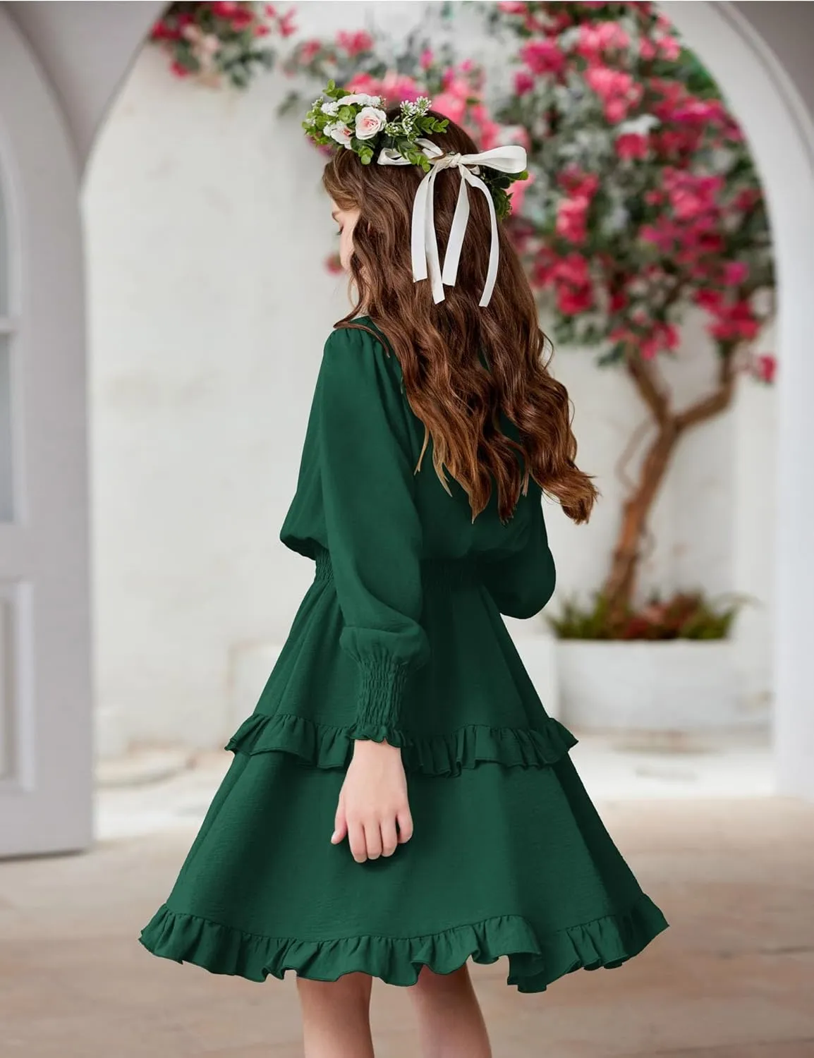 Arshiner Girls Long Sleeve Dress Boho Tiered Ruffle Hem Smocked Waist Midi Dress