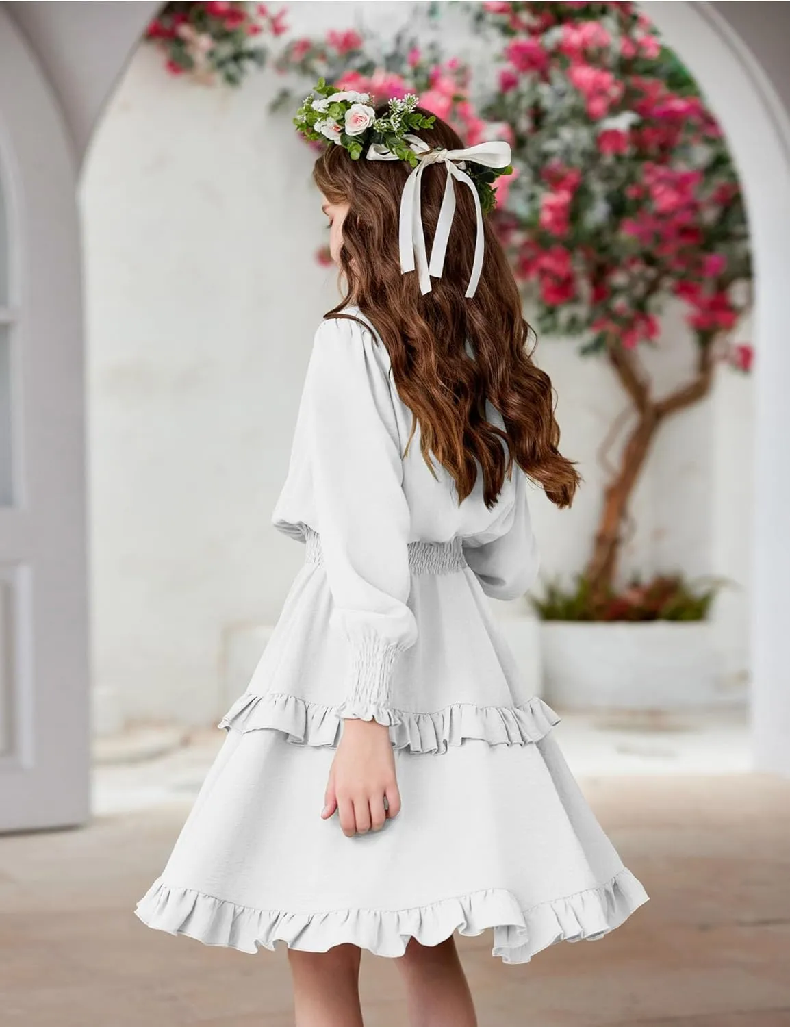 Arshiner Girls Long Sleeve Dress Boho Tiered Ruffle Hem Smocked Waist Midi Dress
