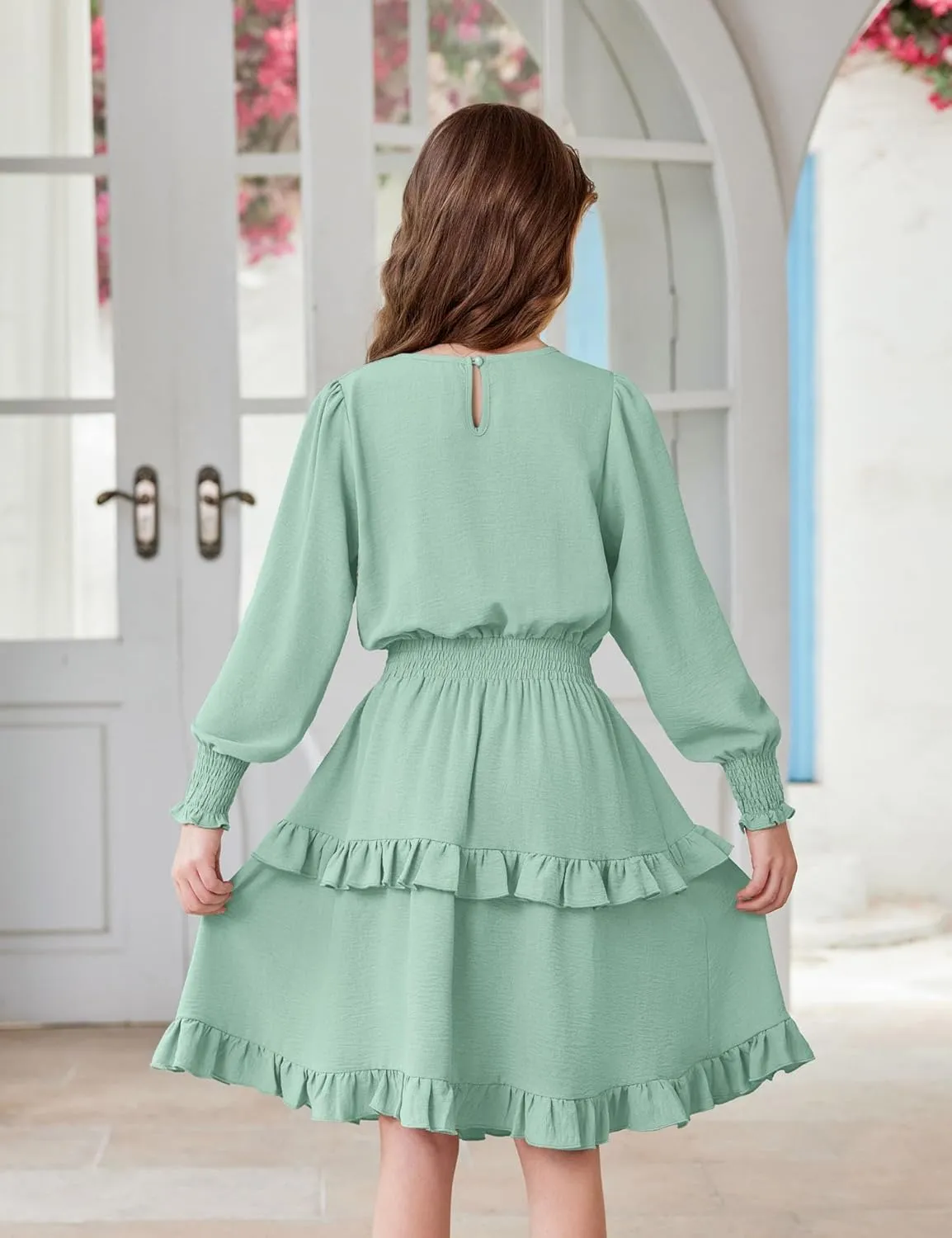Arshiner Girls Long Sleeve Dress Boho Tiered Ruffle Hem Smocked Waist Midi Dress