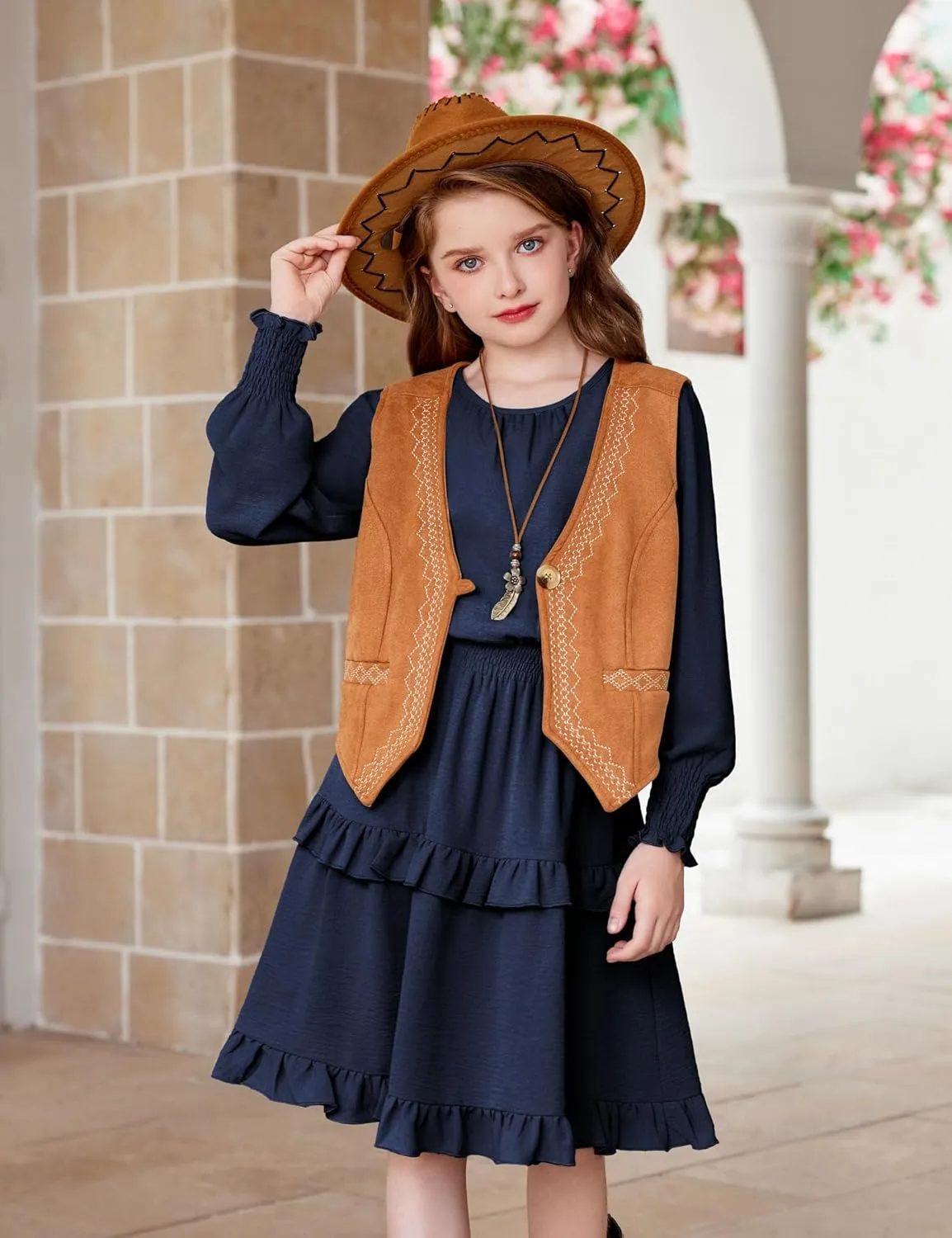 Arshiner Girls Long Sleeve Dress Boho Tiered Ruffle Hem Smocked Waist Midi Dress