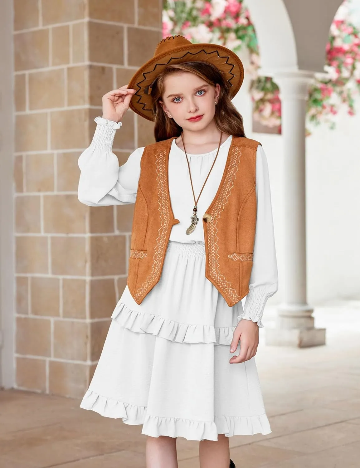 Arshiner Girls Long Sleeve Dress Boho Tiered Ruffle Hem Smocked Waist Midi Dress