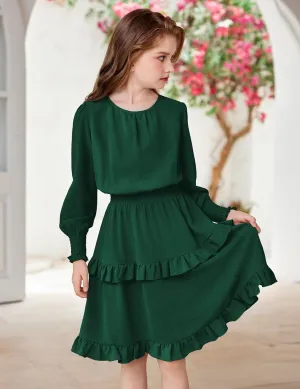 Arshiner Girls Long Sleeve Dress Boho Tiered Ruffle Hem Smocked Waist Midi Dress
