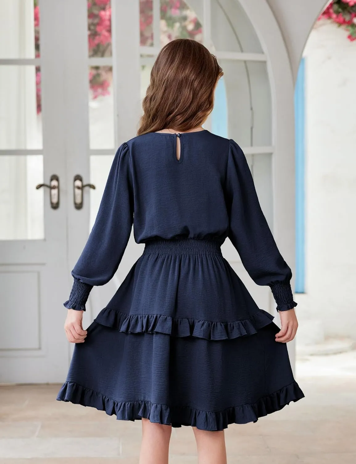 Arshiner Girls Long Sleeve Dress Boho Tiered Ruffle Hem Smocked Waist Midi Dress
