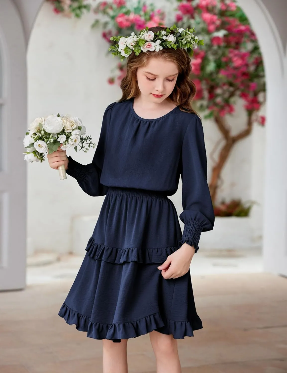 Arshiner Girls Long Sleeve Dress Boho Tiered Ruffle Hem Smocked Waist Midi Dress