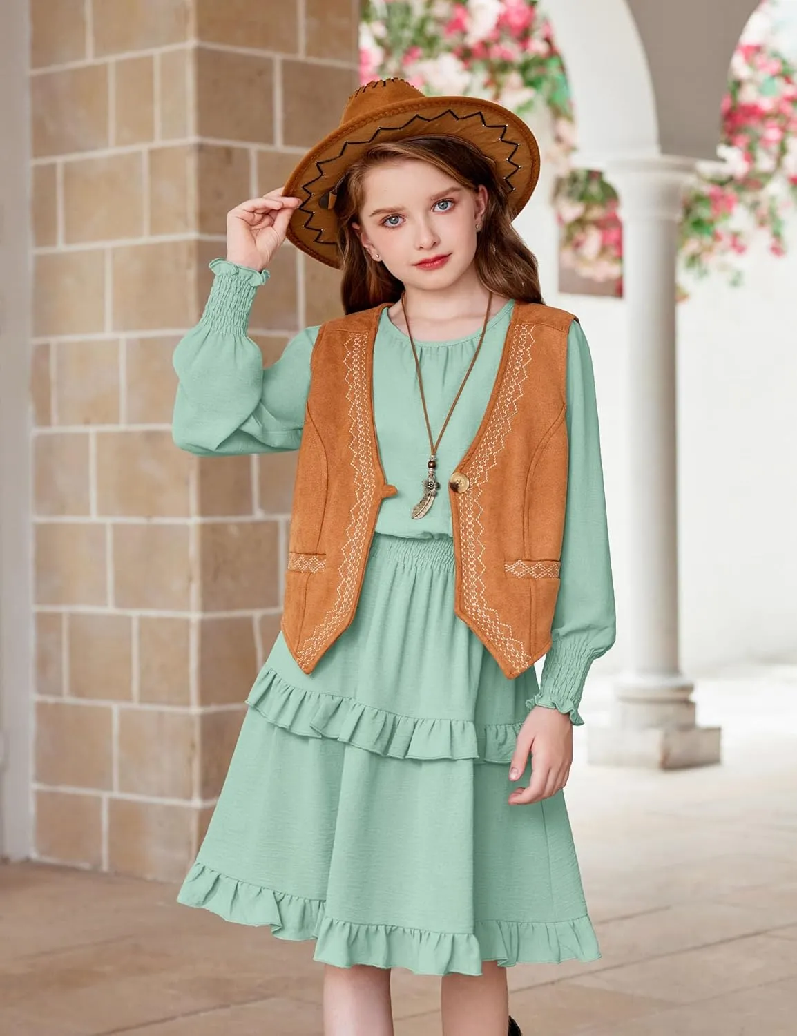 Arshiner Girls Long Sleeve Dress Boho Tiered Ruffle Hem Smocked Waist Midi Dress