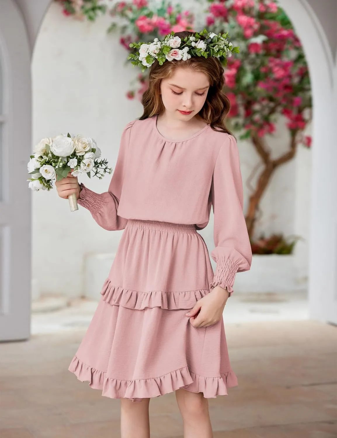 Arshiner Girls Long Sleeve Dress Boho Tiered Ruffle Hem Smocked Waist Midi Dress
