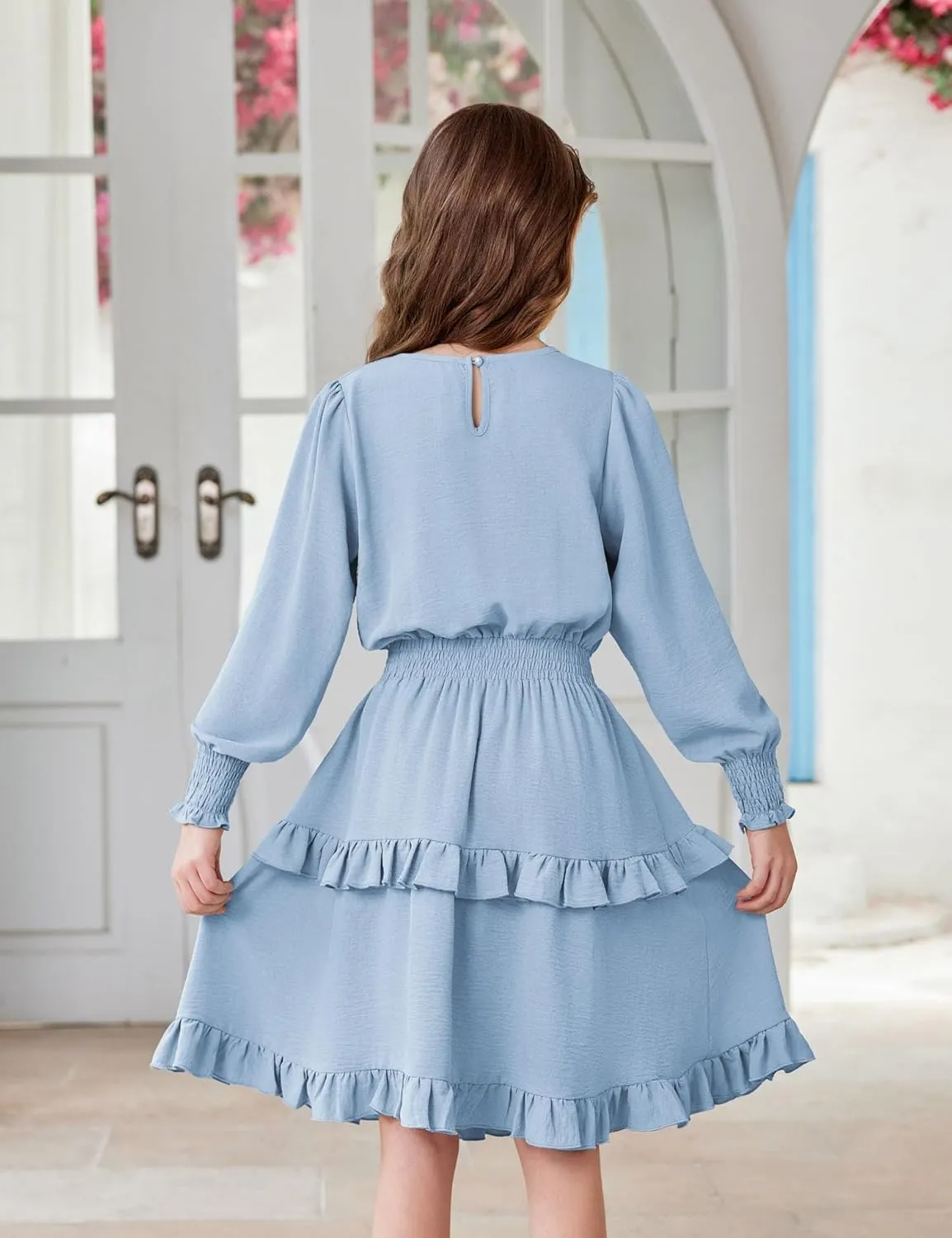 Arshiner Girls Long Sleeve Dress Boho Tiered Ruffle Hem Smocked Waist Midi Dress