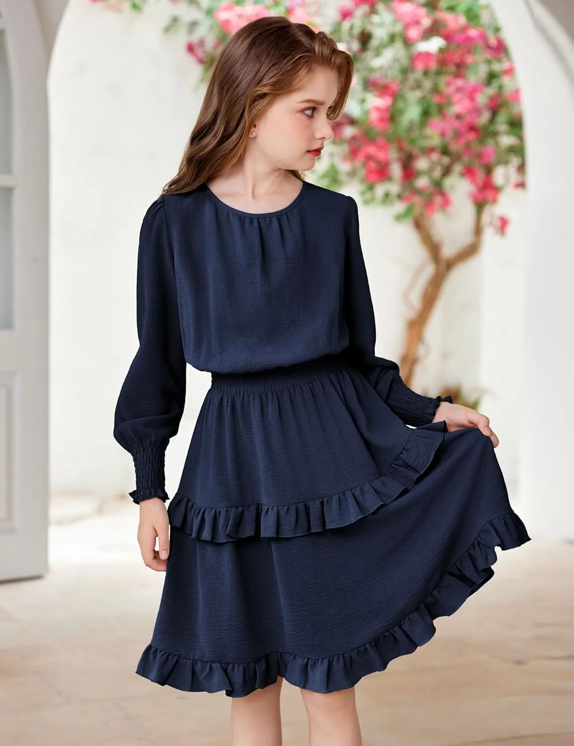 Arshiner Girls Long Sleeve Dress Boho Tiered Ruffle Hem Smocked Waist Midi Dress