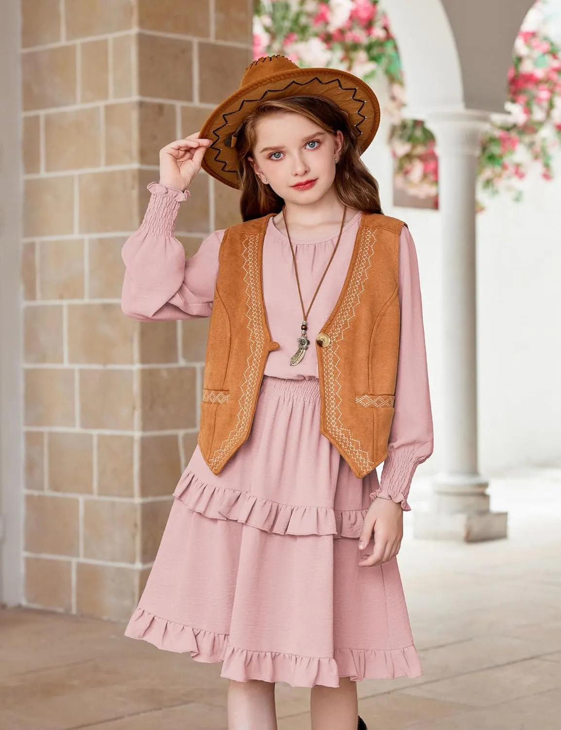 Arshiner Girls Long Sleeve Dress Boho Tiered Ruffle Hem Smocked Waist Midi Dress