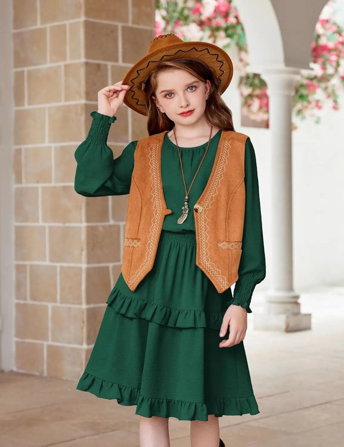 Arshiner Girls Long Sleeve Dress Boho Tiered Ruffle Hem Smocked Waist Midi Dress