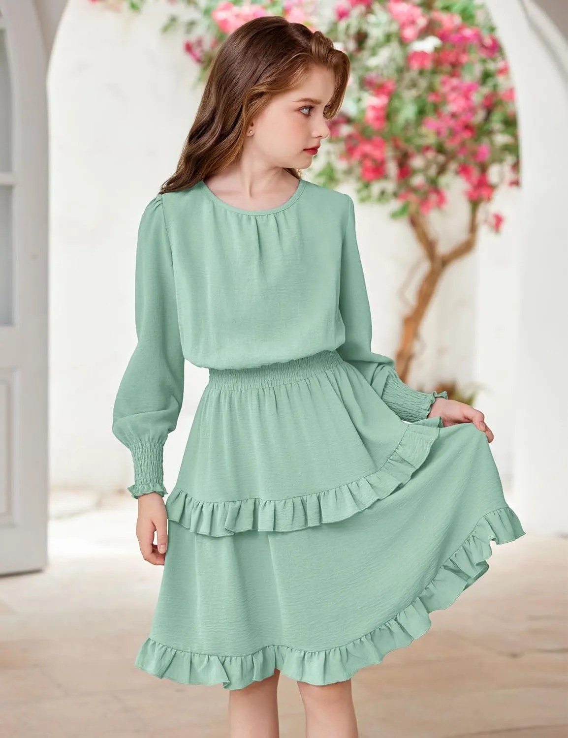 Arshiner Girls Long Sleeve Dress Boho Tiered Ruffle Hem Smocked Waist Midi Dress