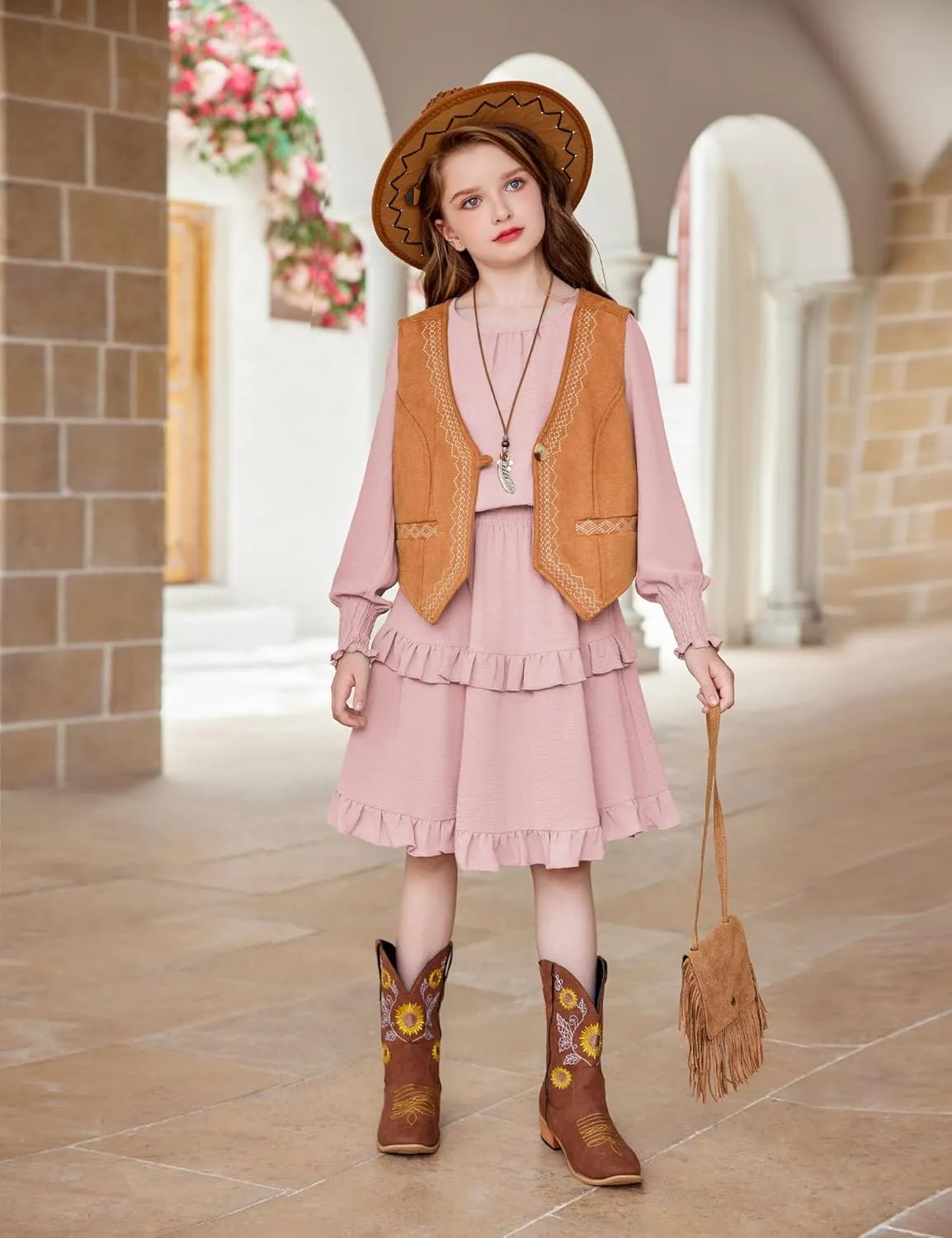 Arshiner Girls Long Sleeve Dress Boho Tiered Ruffle Hem Smocked Waist Midi Dress