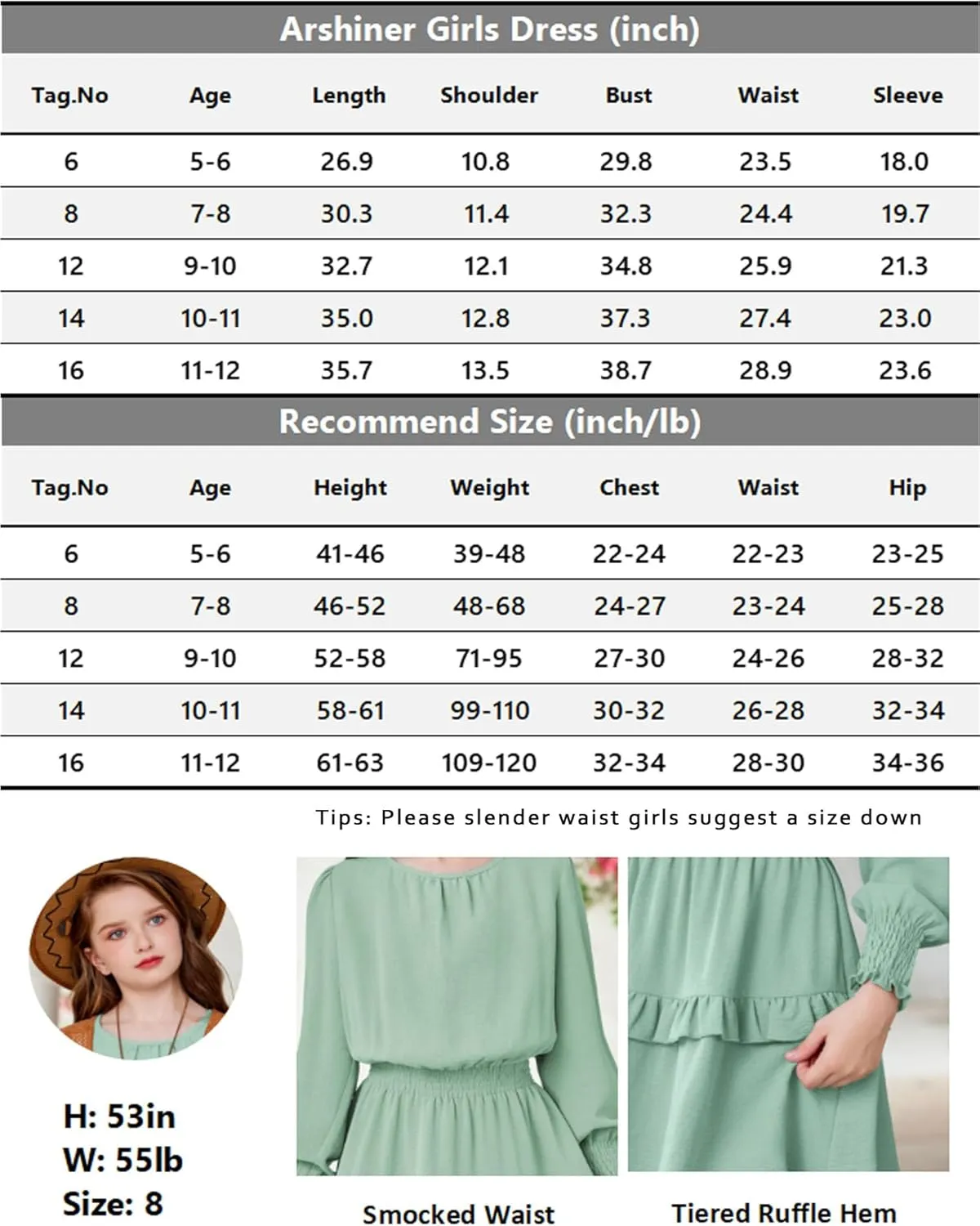 Arshiner Girls Long Sleeve Dress Boho Tiered Ruffle Hem Smocked Waist Midi Dress
