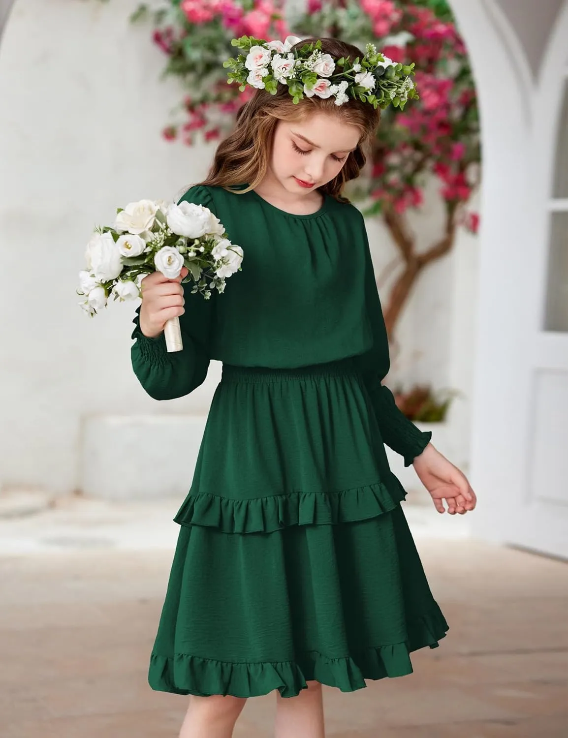 Arshiner Girls Long Sleeve Dress Boho Tiered Ruffle Hem Smocked Waist Midi Dress