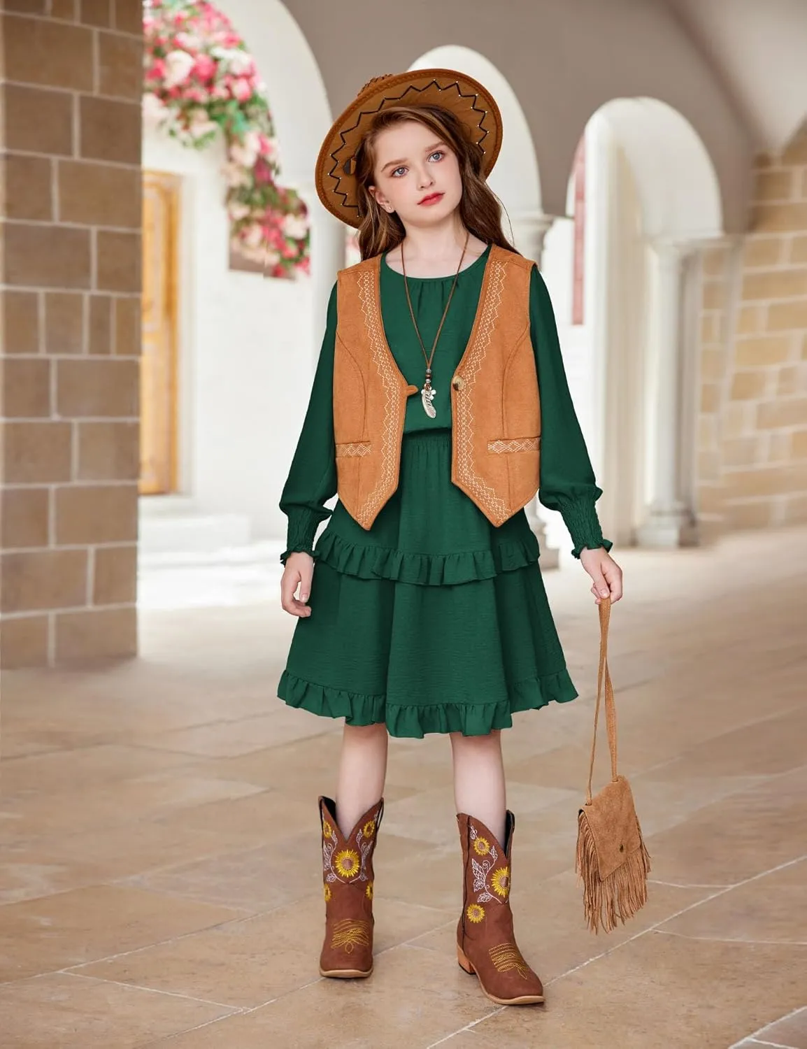 Arshiner Girls Long Sleeve Dress Boho Tiered Ruffle Hem Smocked Waist Midi Dress
