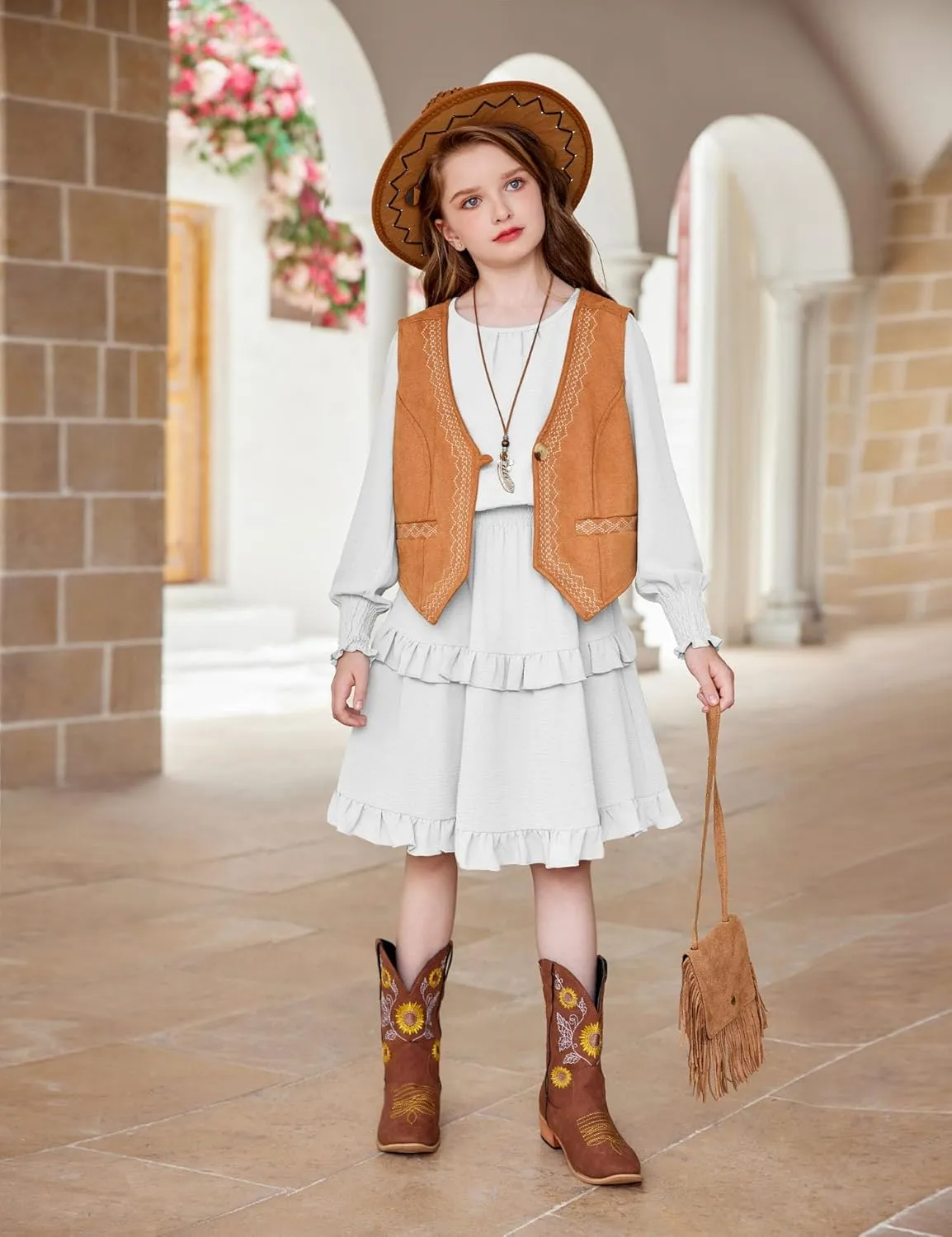 Arshiner Girls Long Sleeve Dress Boho Tiered Ruffle Hem Smocked Waist Midi Dress