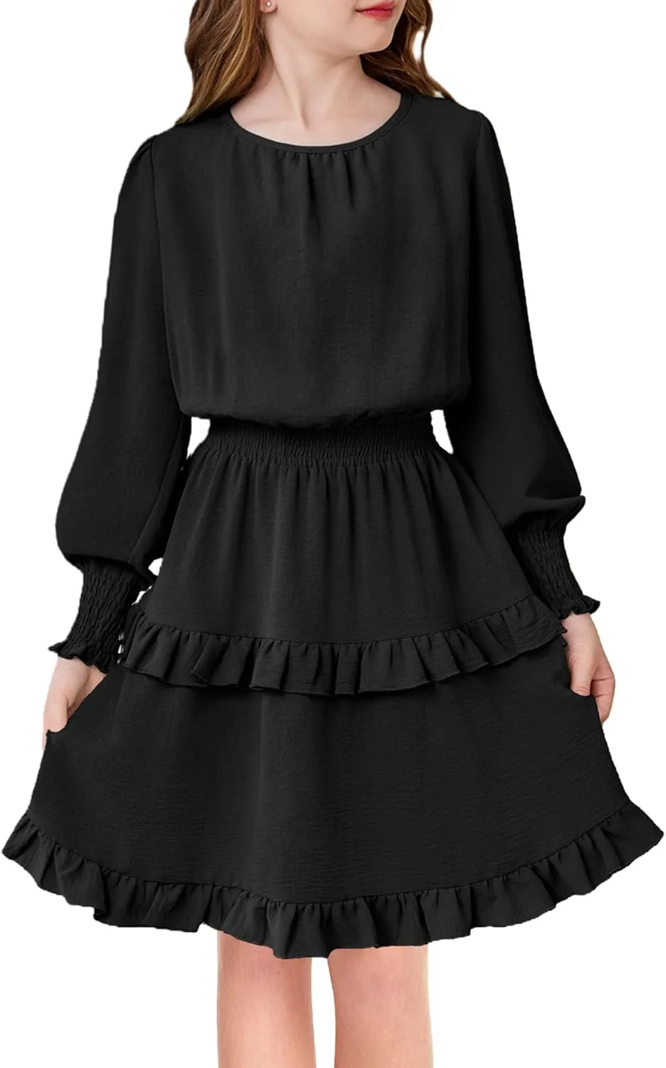 Arshiner Girls Long Sleeve Dress Boho Tiered Ruffle Hem Smocked Waist Midi Dress