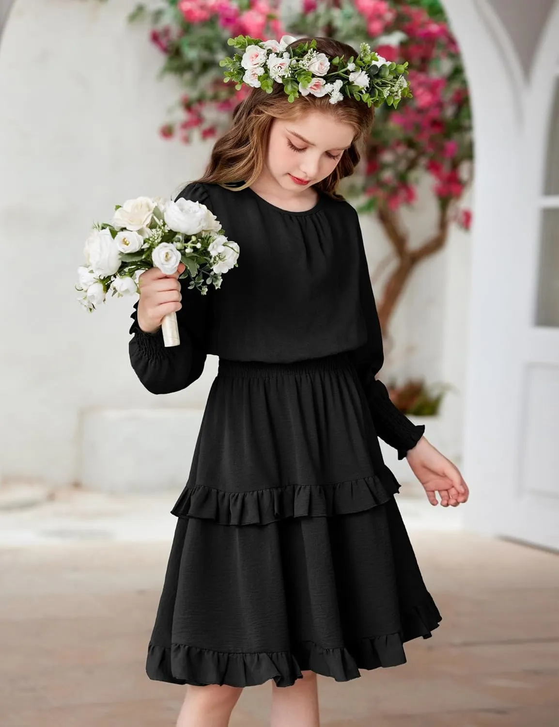 Arshiner Girls Long Sleeve Dress Boho Tiered Ruffle Hem Smocked Waist Midi Dress
