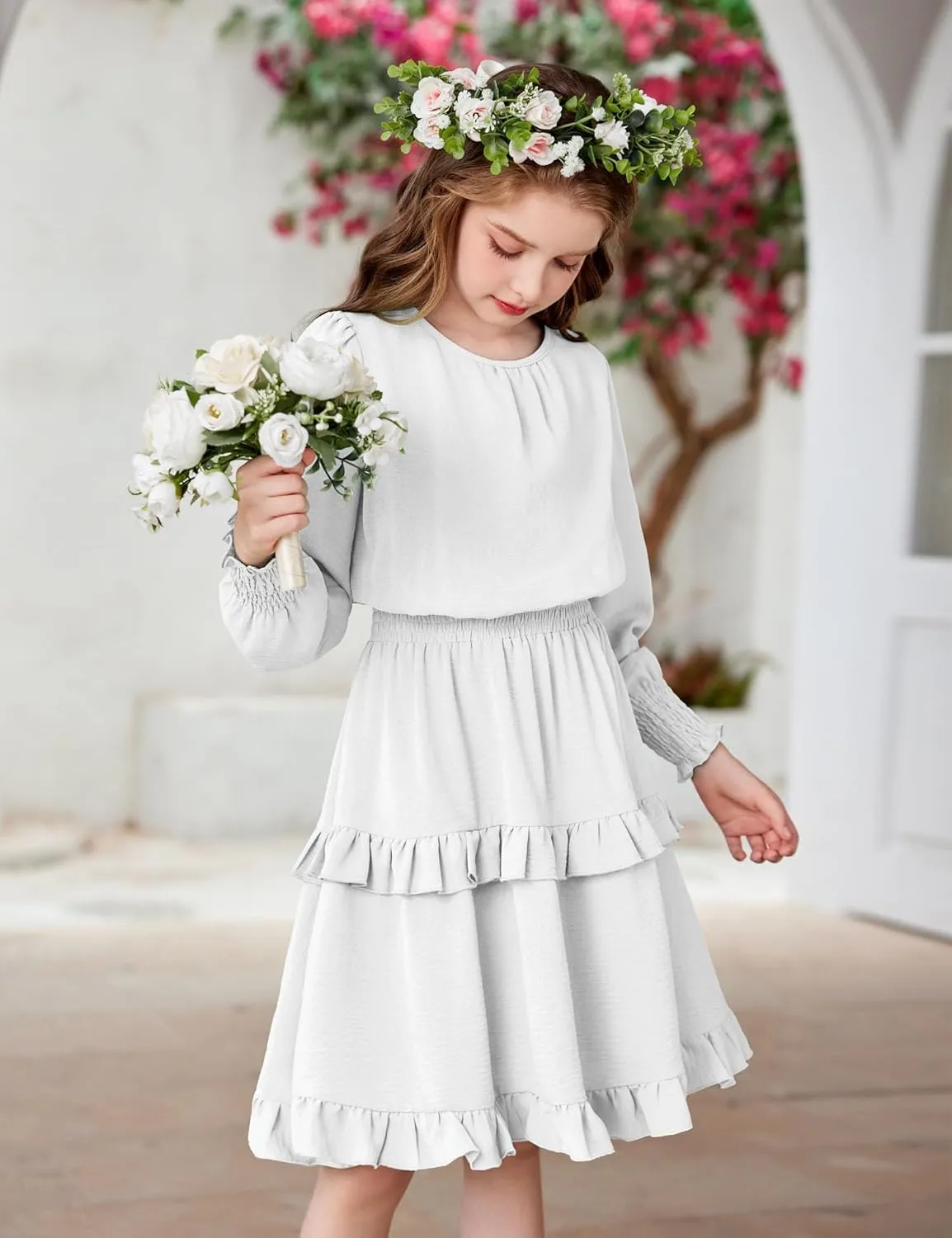 Arshiner Girls Long Sleeve Dress Boho Tiered Ruffle Hem Smocked Waist Midi Dress