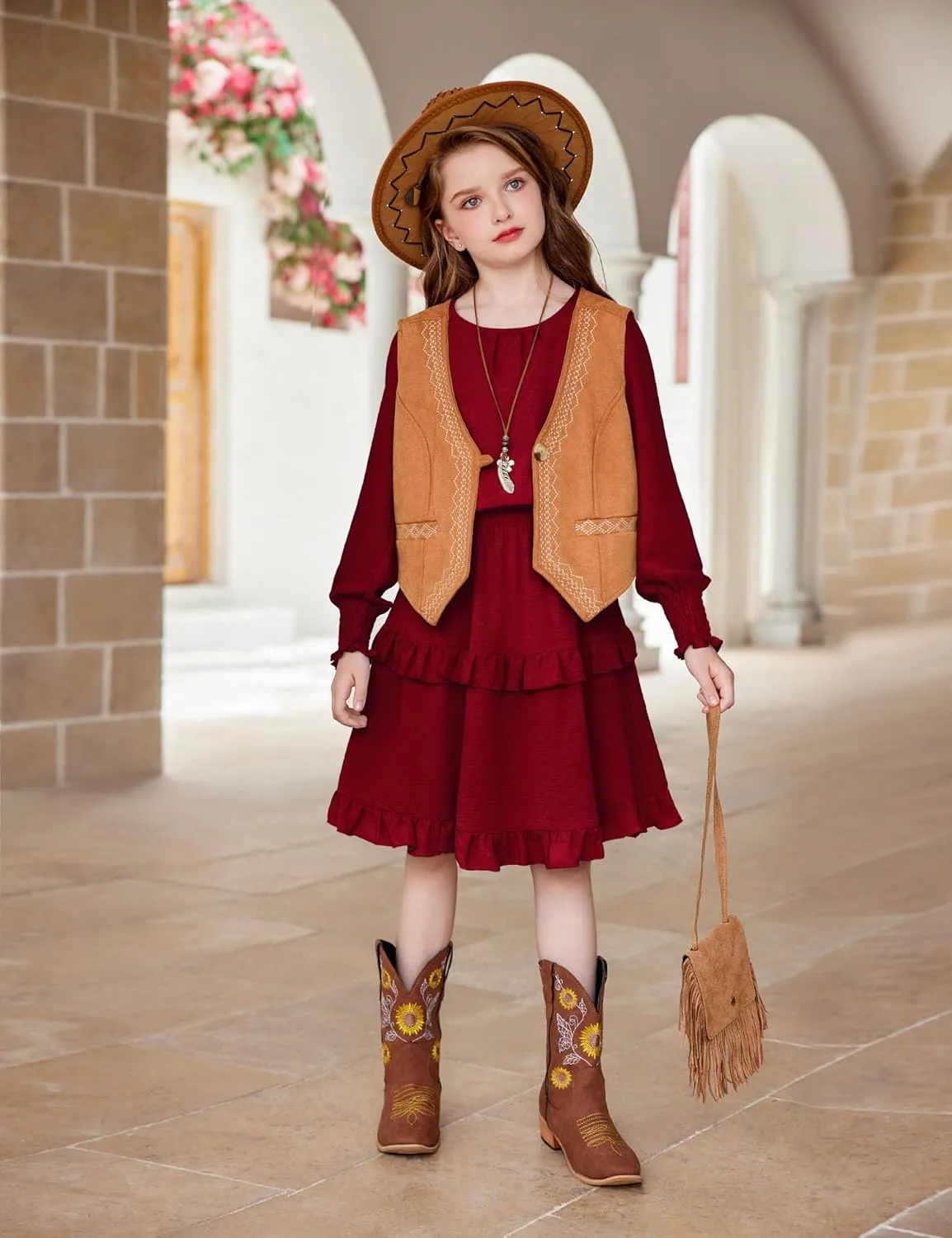 Arshiner Girls Long Sleeve Dress Boho Tiered Ruffle Hem Smocked Waist Midi Dress