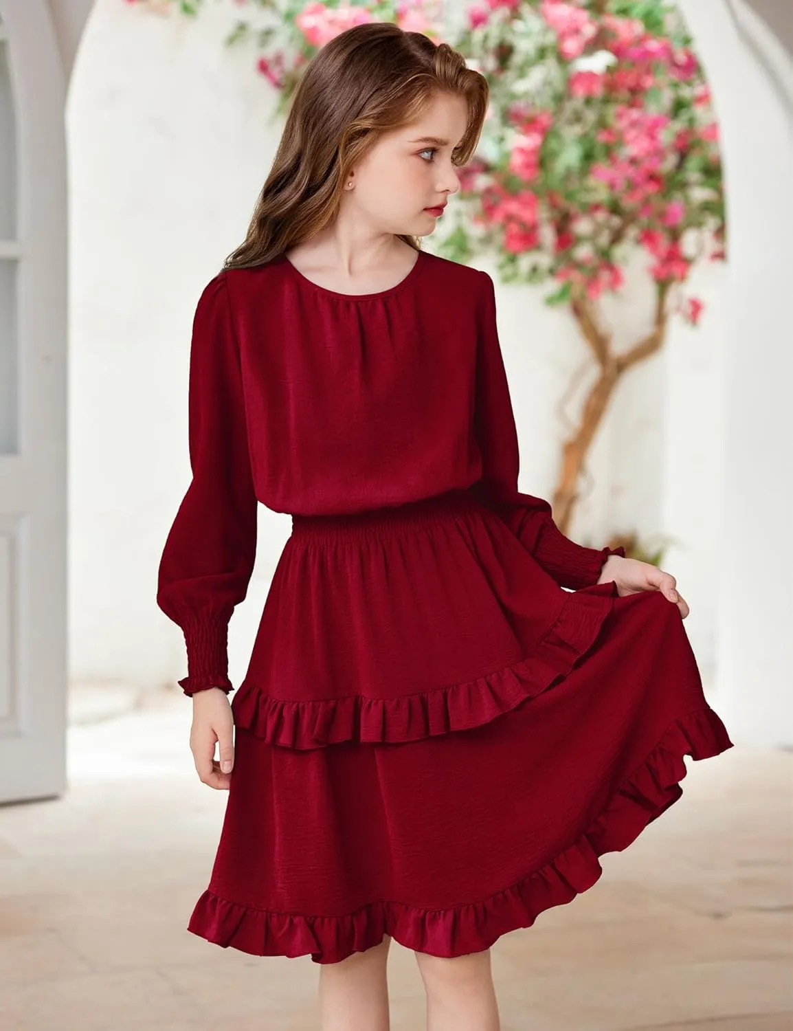 Arshiner Girls Long Sleeve Dress Boho Tiered Ruffle Hem Smocked Waist Midi Dress