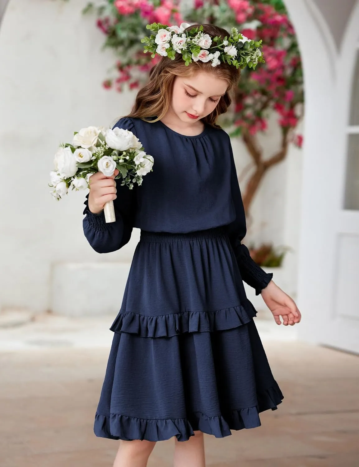 Arshiner Girls Long Sleeve Dress Boho Tiered Ruffle Hem Smocked Waist Midi Dress