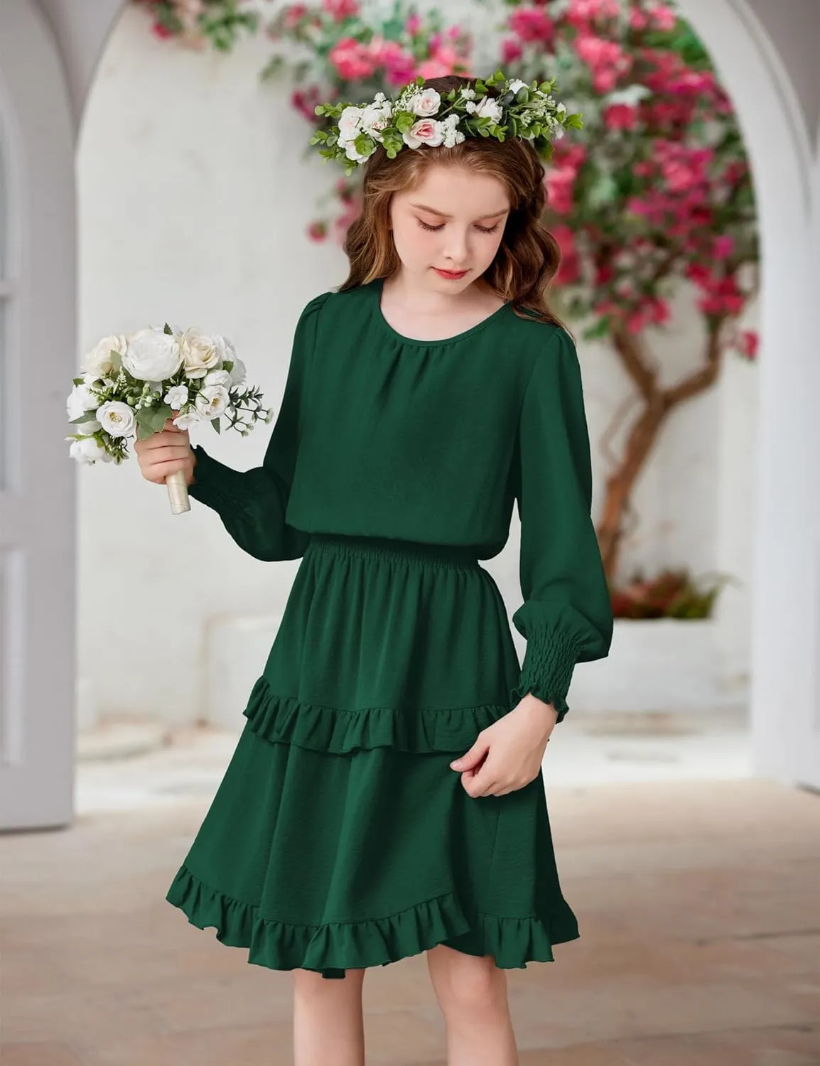 Arshiner Girls Long Sleeve Dress Boho Tiered Ruffle Hem Smocked Waist Midi Dress
