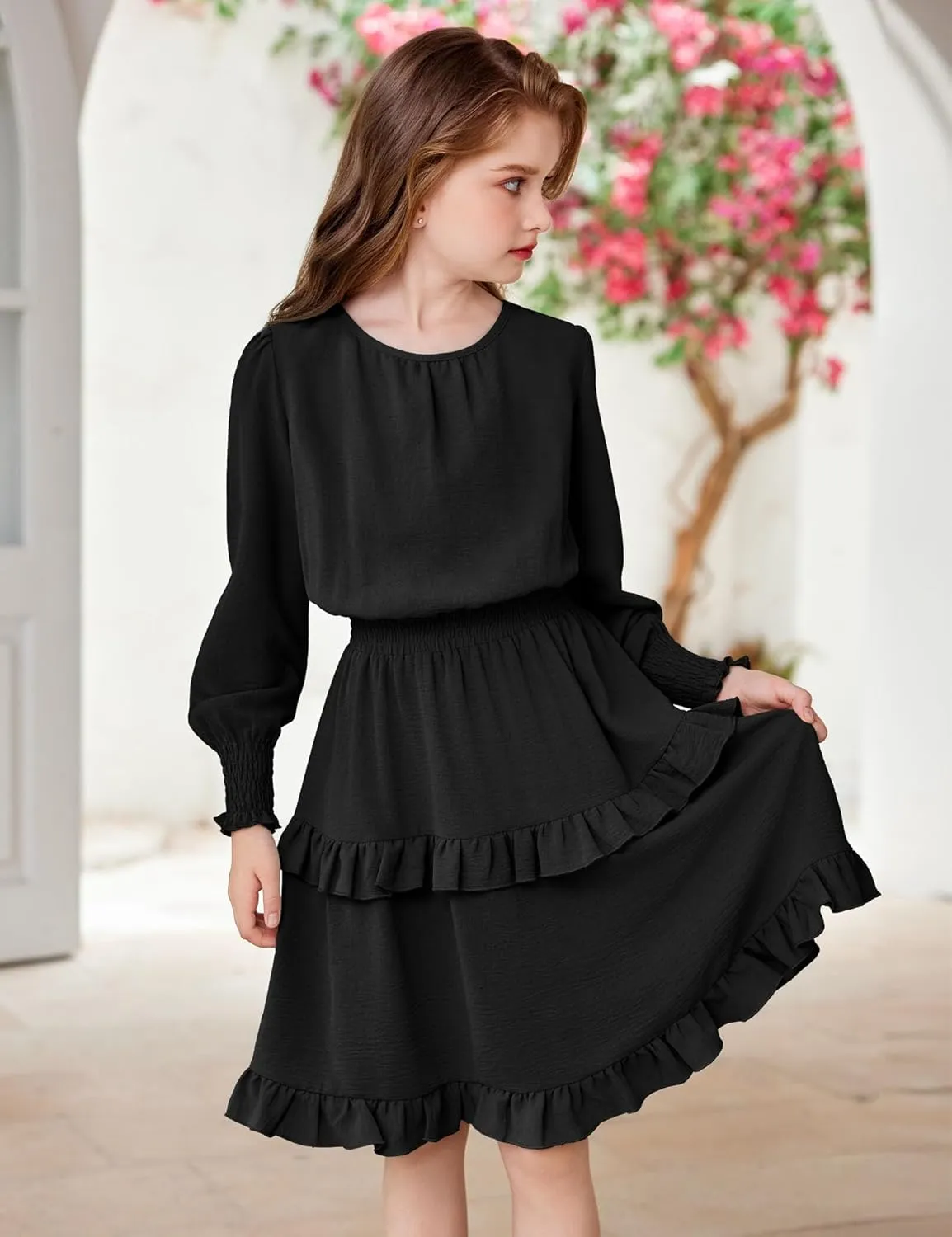 Arshiner Girls Long Sleeve Dress Boho Tiered Ruffle Hem Smocked Waist Midi Dress
