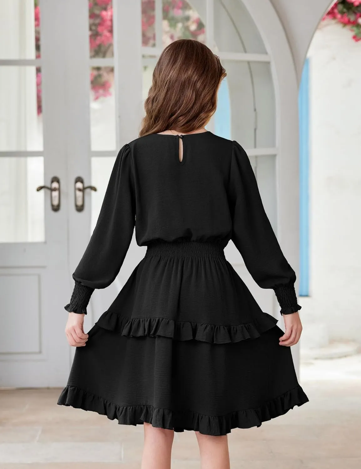 Arshiner Girls Long Sleeve Dress Boho Tiered Ruffle Hem Smocked Waist Midi Dress