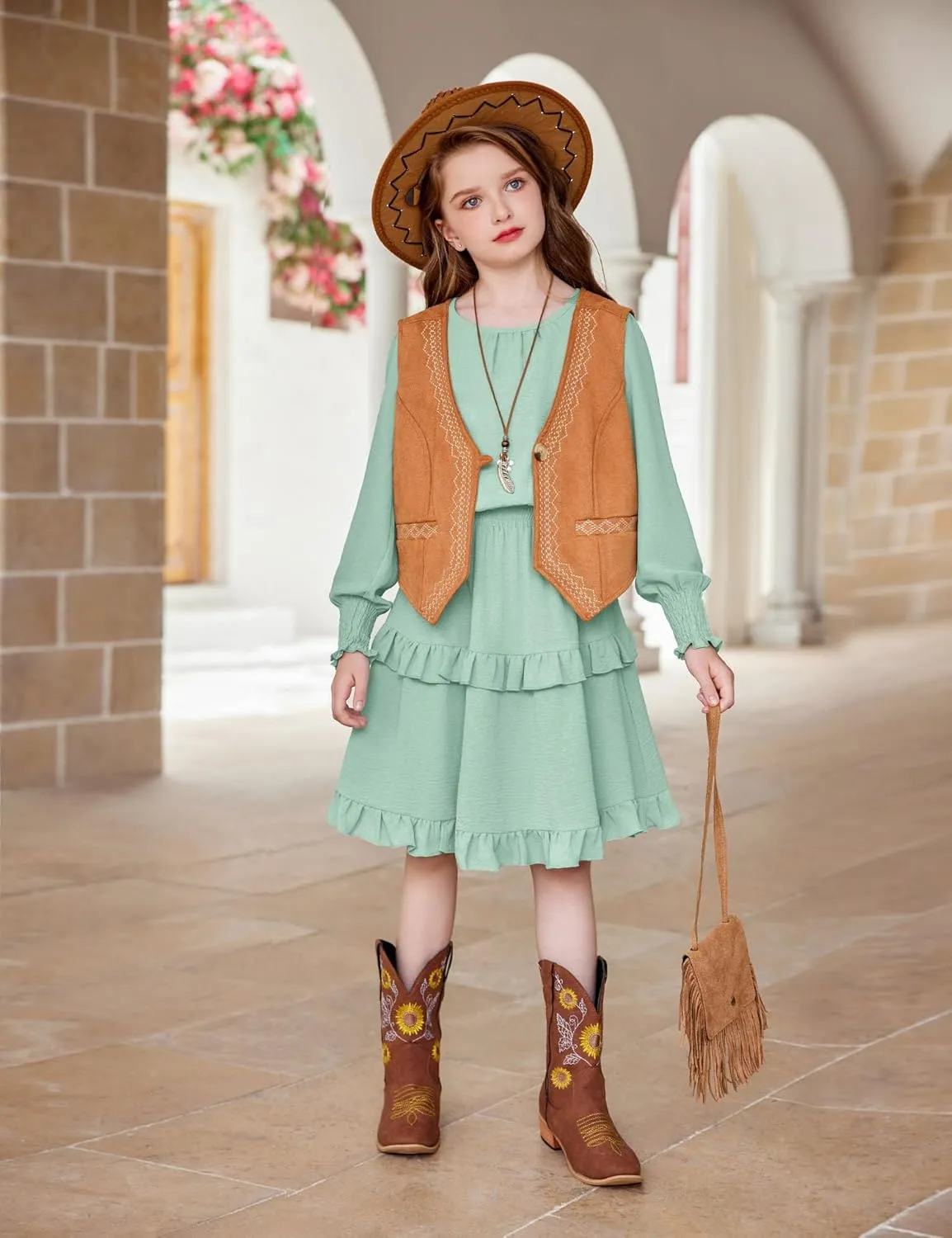 Arshiner Girls Long Sleeve Dress Boho Tiered Ruffle Hem Smocked Waist Midi Dress