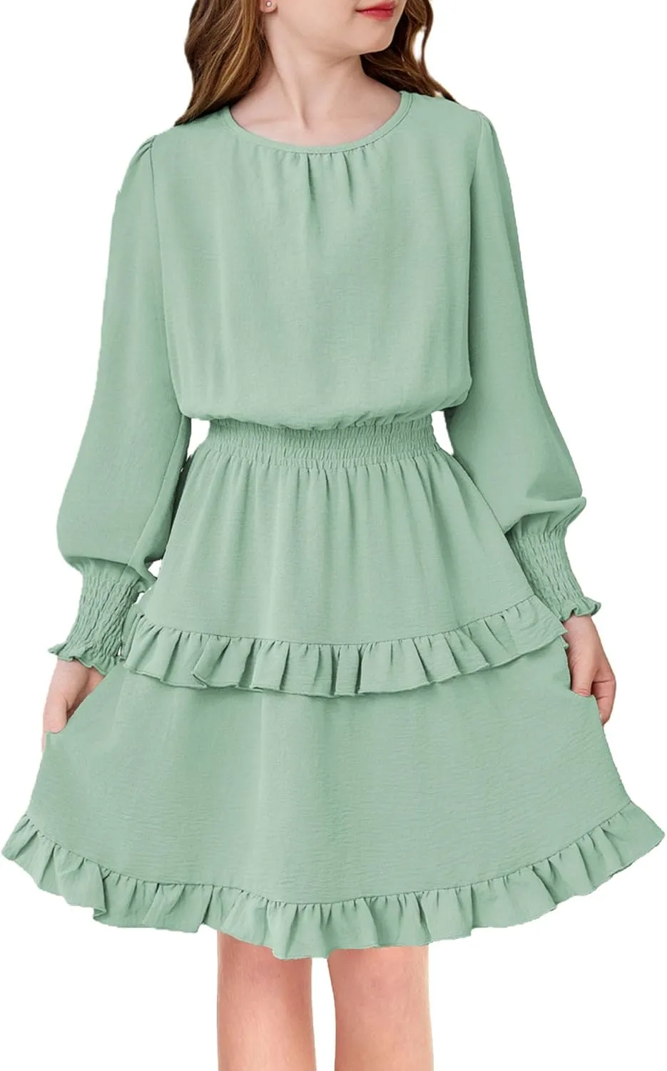 Arshiner Girls Long Sleeve Dress Boho Tiered Ruffle Hem Smocked Waist Midi Dress