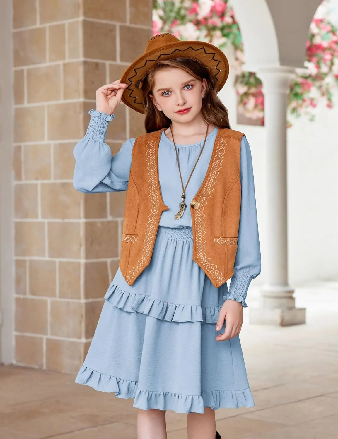 Arshiner Girls Long Sleeve Dress Boho Tiered Ruffle Hem Smocked Waist Midi Dress