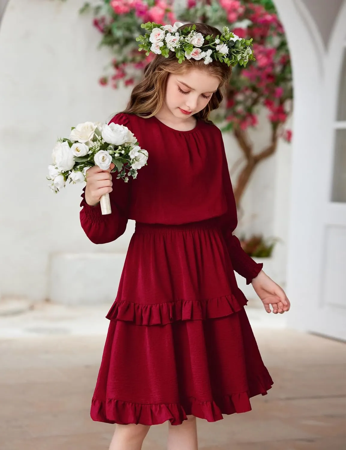 Arshiner Girls Long Sleeve Dress Boho Tiered Ruffle Hem Smocked Waist Midi Dress