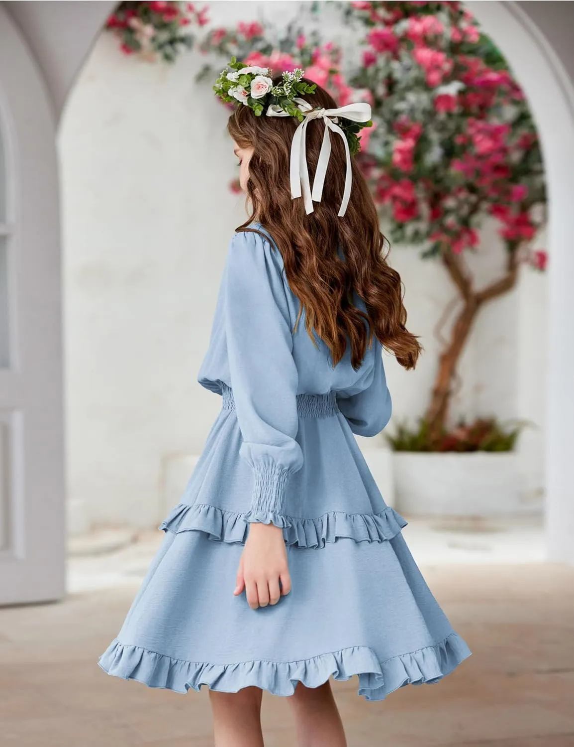 Arshiner Girls Long Sleeve Dress Boho Tiered Ruffle Hem Smocked Waist Midi Dress