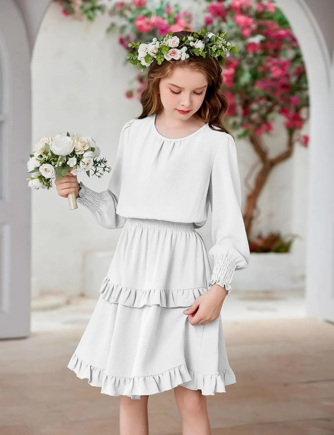 Arshiner Girls Long Sleeve Dress Boho Tiered Ruffle Hem Smocked Waist Midi Dress
