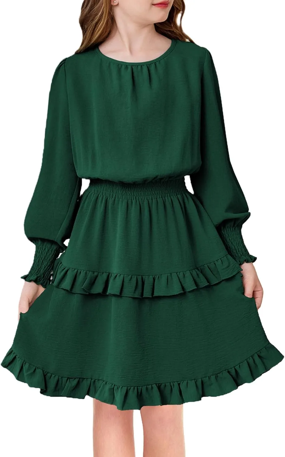 Arshiner Girls Long Sleeve Dress Boho Tiered Ruffle Hem Smocked Waist Midi Dress