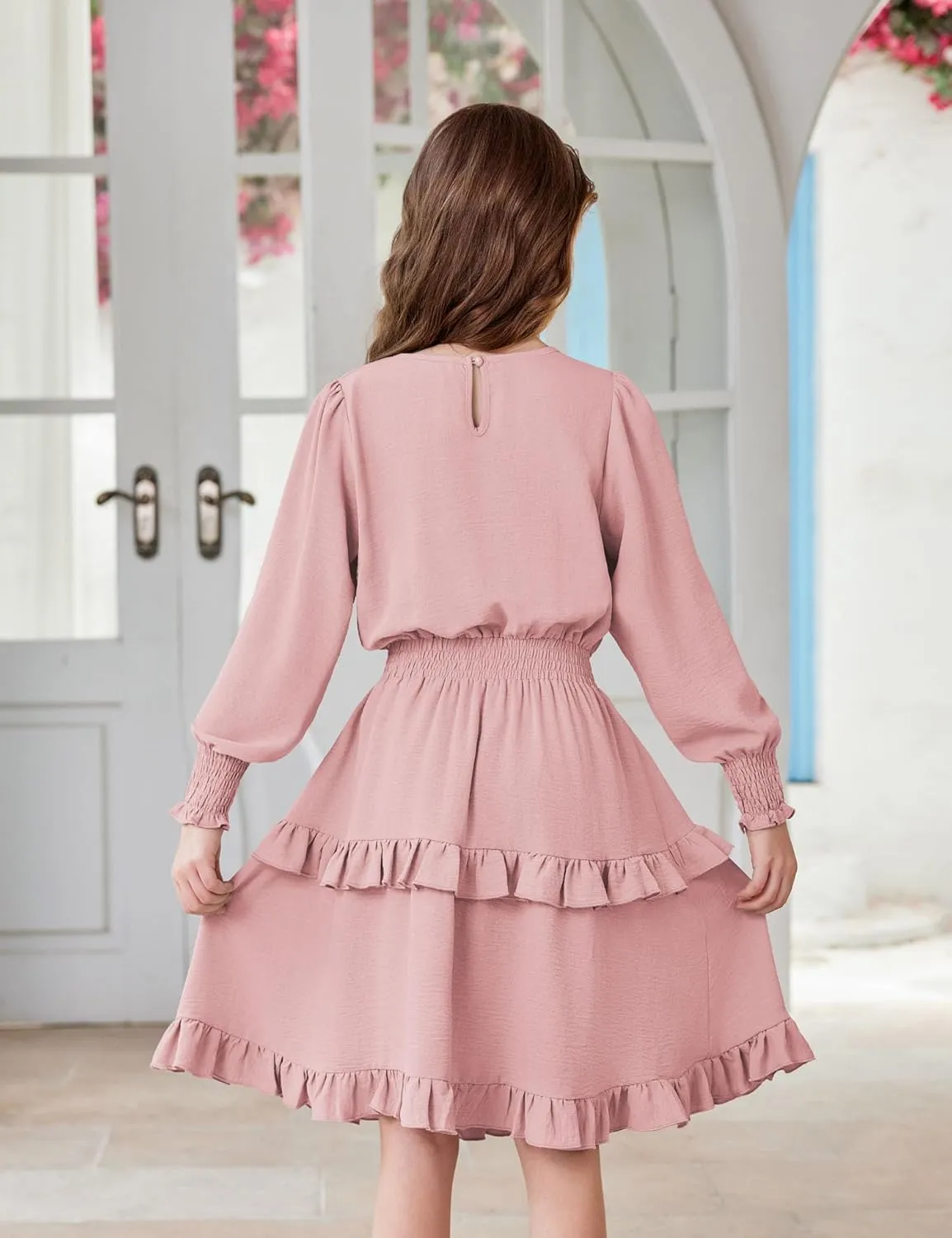 Arshiner Girls Long Sleeve Dress Boho Tiered Ruffle Hem Smocked Waist Midi Dress