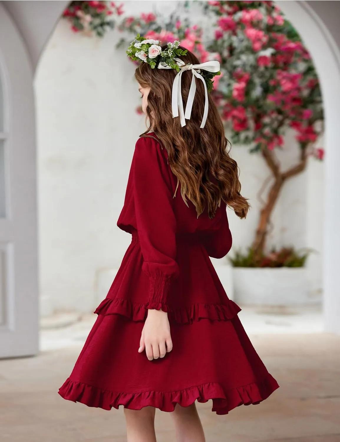 Arshiner Girls Long Sleeve Dress Boho Tiered Ruffle Hem Smocked Waist Midi Dress