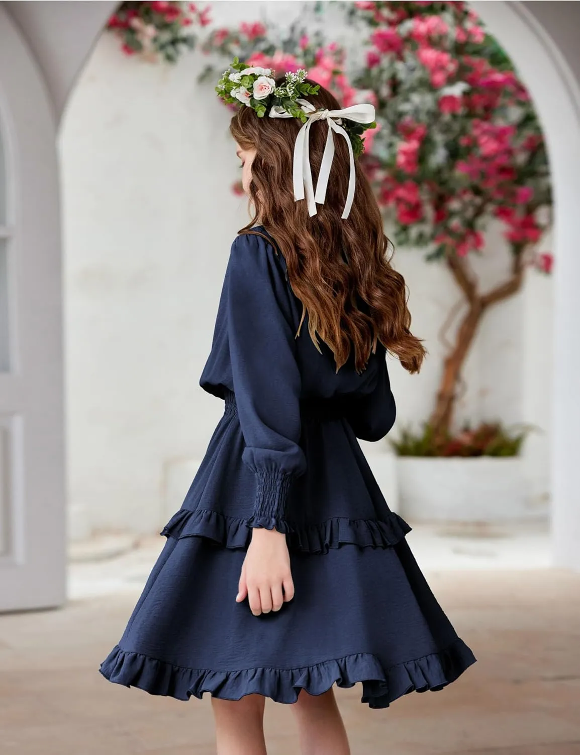 Arshiner Girls Long Sleeve Dress Boho Tiered Ruffle Hem Smocked Waist Midi Dress