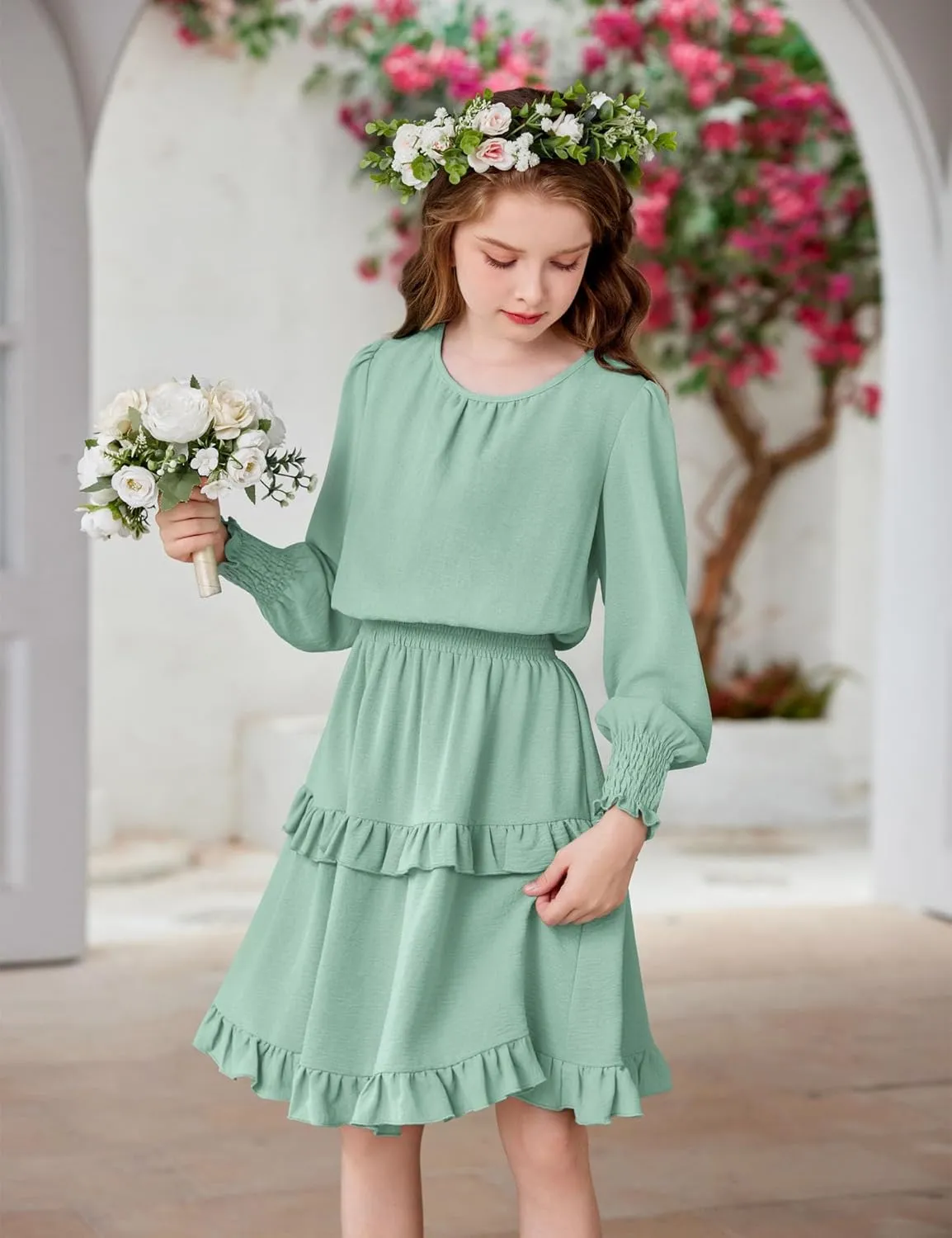 Arshiner Girls Long Sleeve Dress Boho Tiered Ruffle Hem Smocked Waist Midi Dress