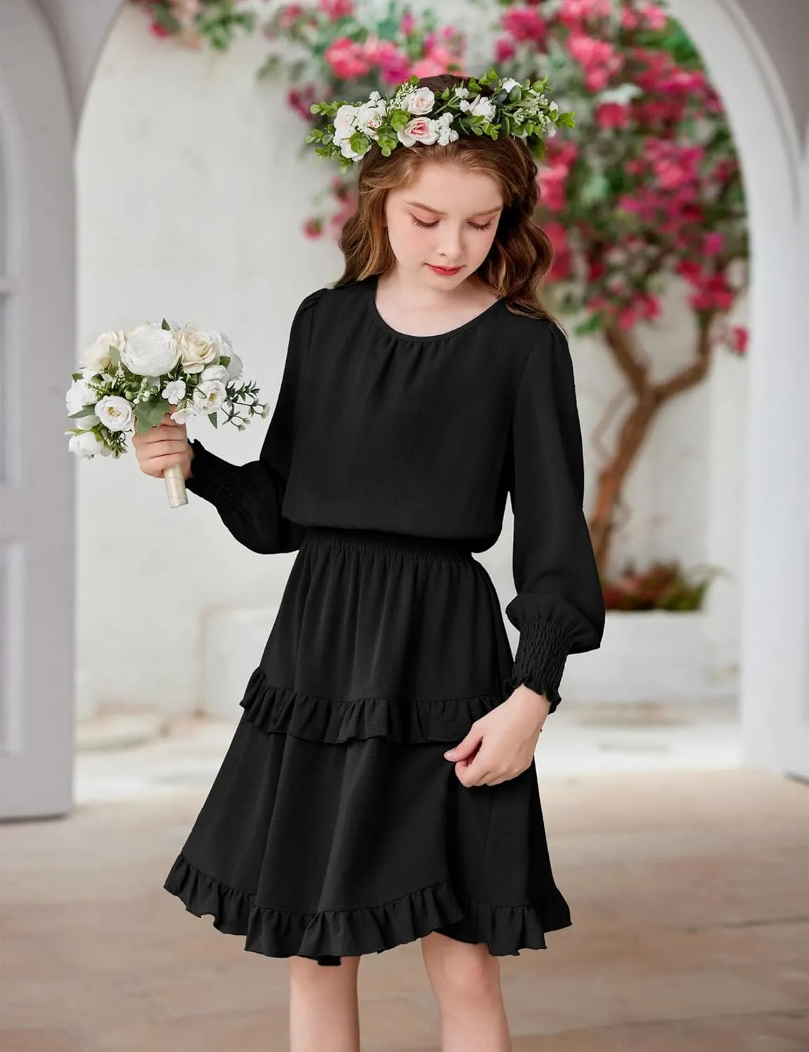 Arshiner Girls Long Sleeve Dress Boho Tiered Ruffle Hem Smocked Waist Midi Dress