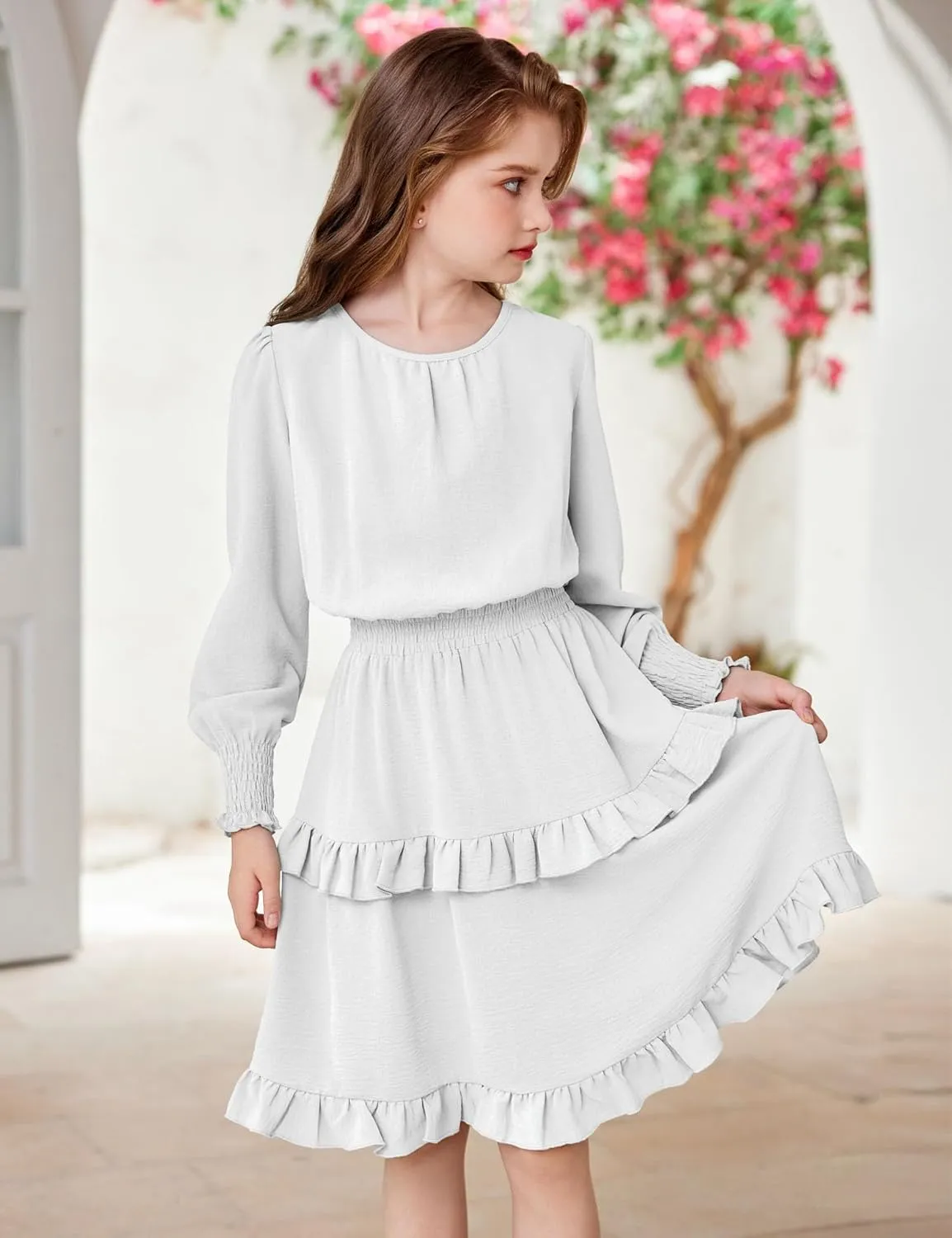 Arshiner Girls Long Sleeve Dress Boho Tiered Ruffle Hem Smocked Waist Midi Dress